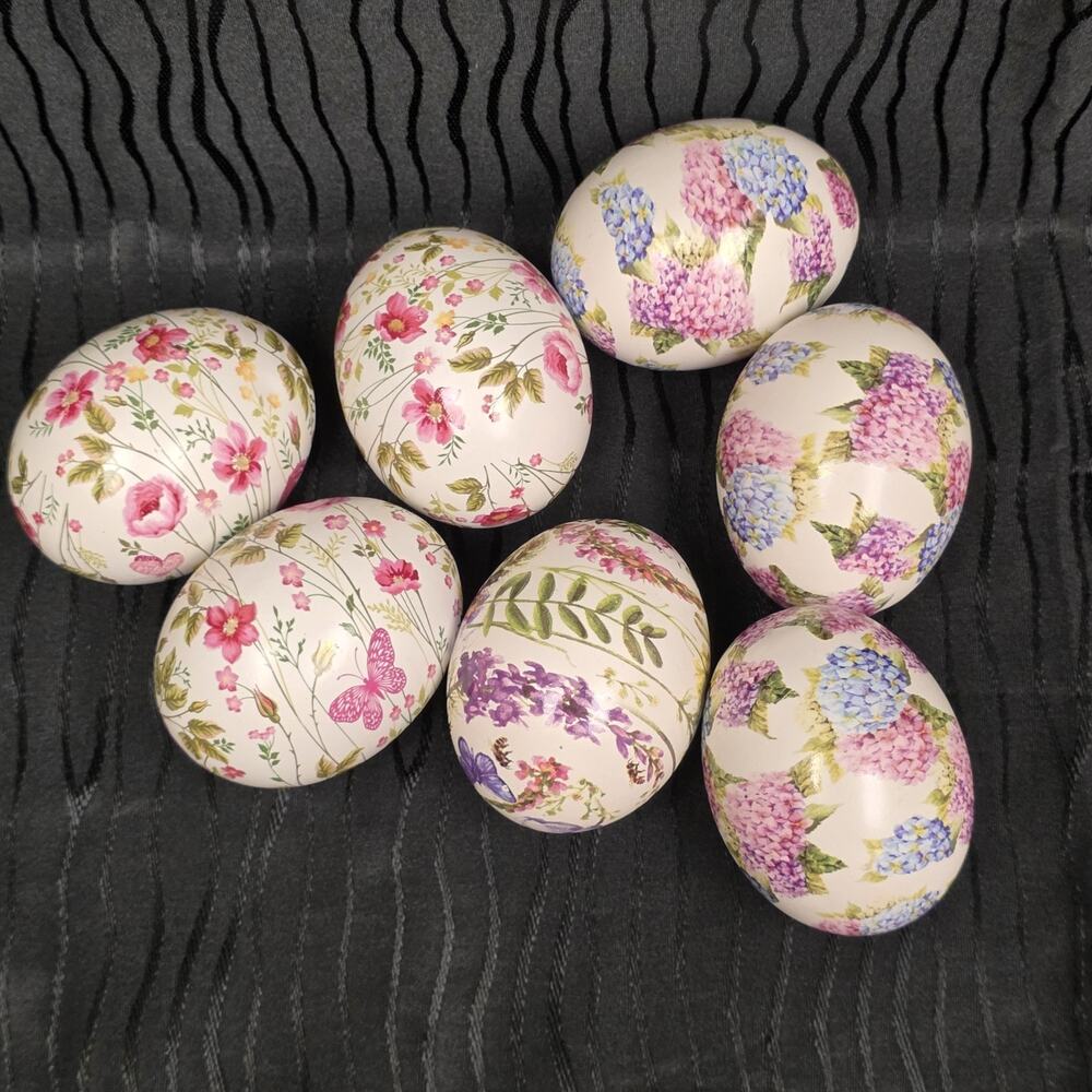 Set of 7 Ceramic Floral Easter Eggs Hydrangea Butterfly Spring Decor 3"